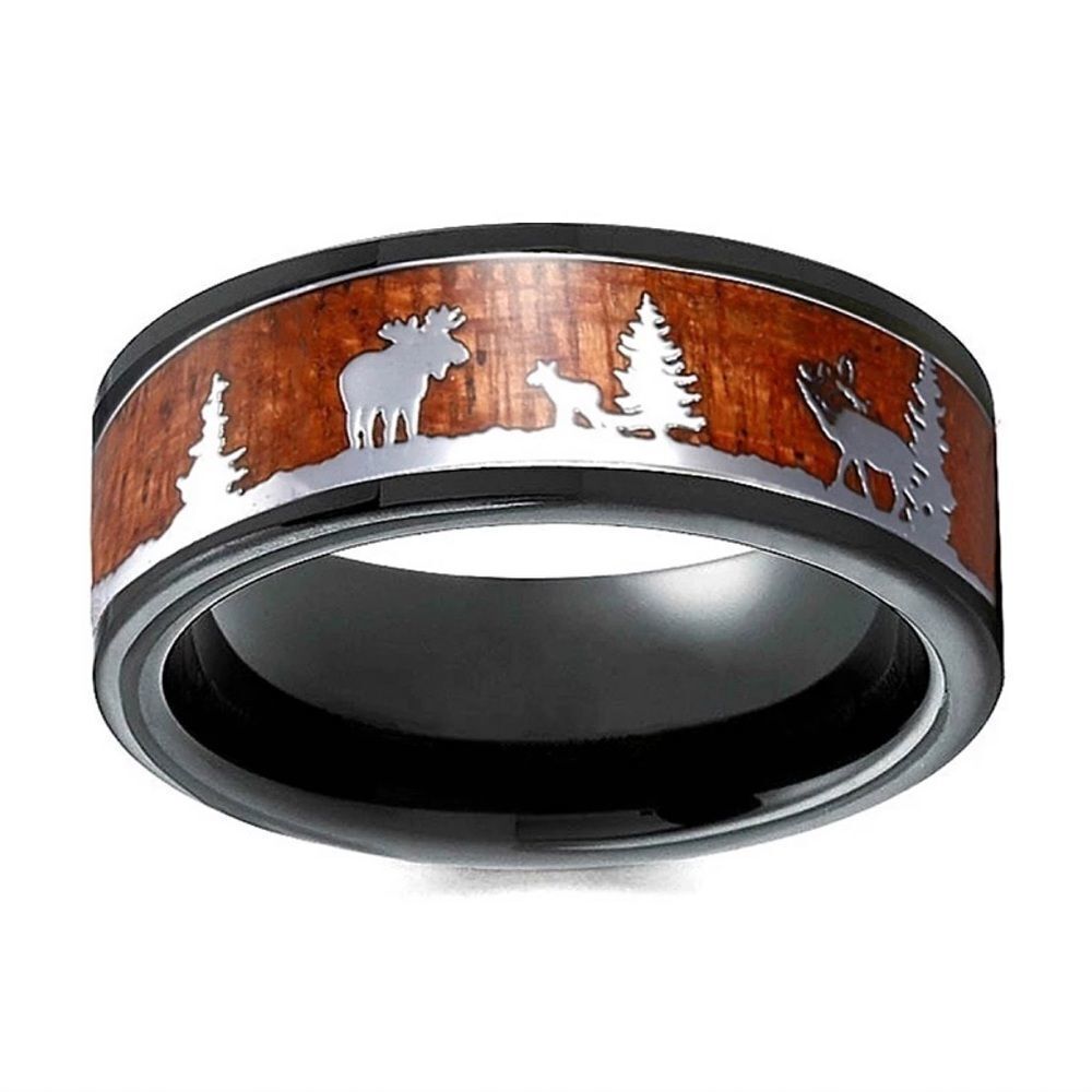 ❤️032❤️ 8mm Antler Tungsten Ring Elks in Forest Silver Mens Wedding Band